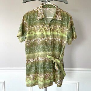 Newnoble Paisley Drop-waist Button-up Short Sleeve Blouse w/Side Tie Belt